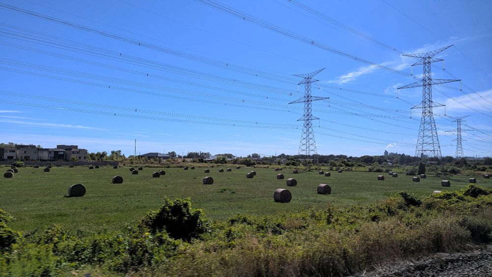Field of hay bales under 500 kilovolt transmission lines as seen from the Kingston Subdivision, south of Newcastle, Ontario 