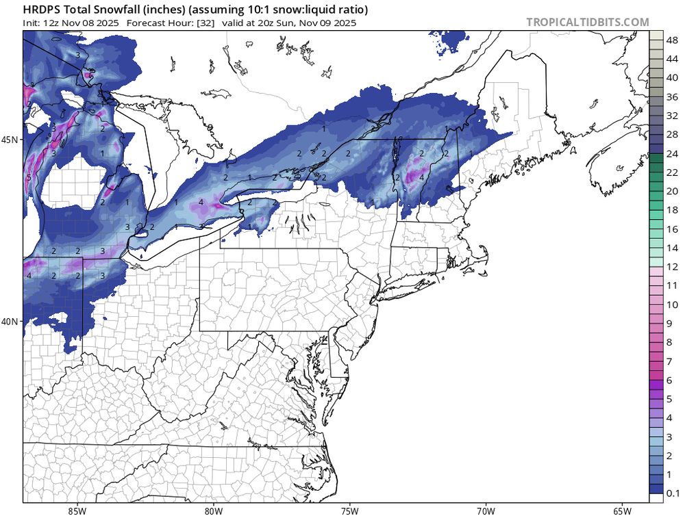 HRDPS model showing total snowfall (assuming 10:1 snow-liquid ratio)
Valid 2025-11-09 @ 15:00 ET
Model run 2025-11-08 @ 12Z

Model suggests parts of Hamilton could see up to 6" (15cm) of snow, with other parts of the Greater Golden Horseshoe receiving 2" (5cm). Lower totals are more likely due to higher temperatures, which generally reduce the snow-liquid ratio.