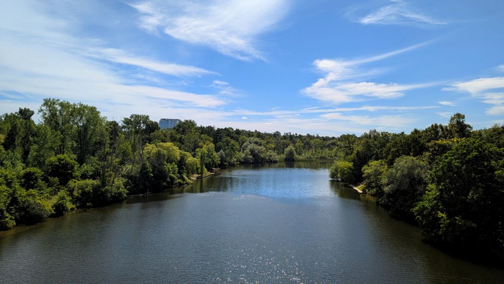 Looking upstream along the Rideau River from a VIA Train, Ottawa Ontario 