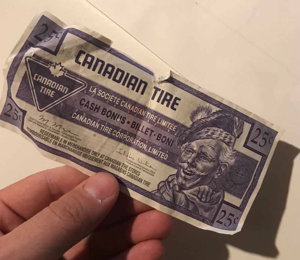 25 cents worth of Canadian Tire money 