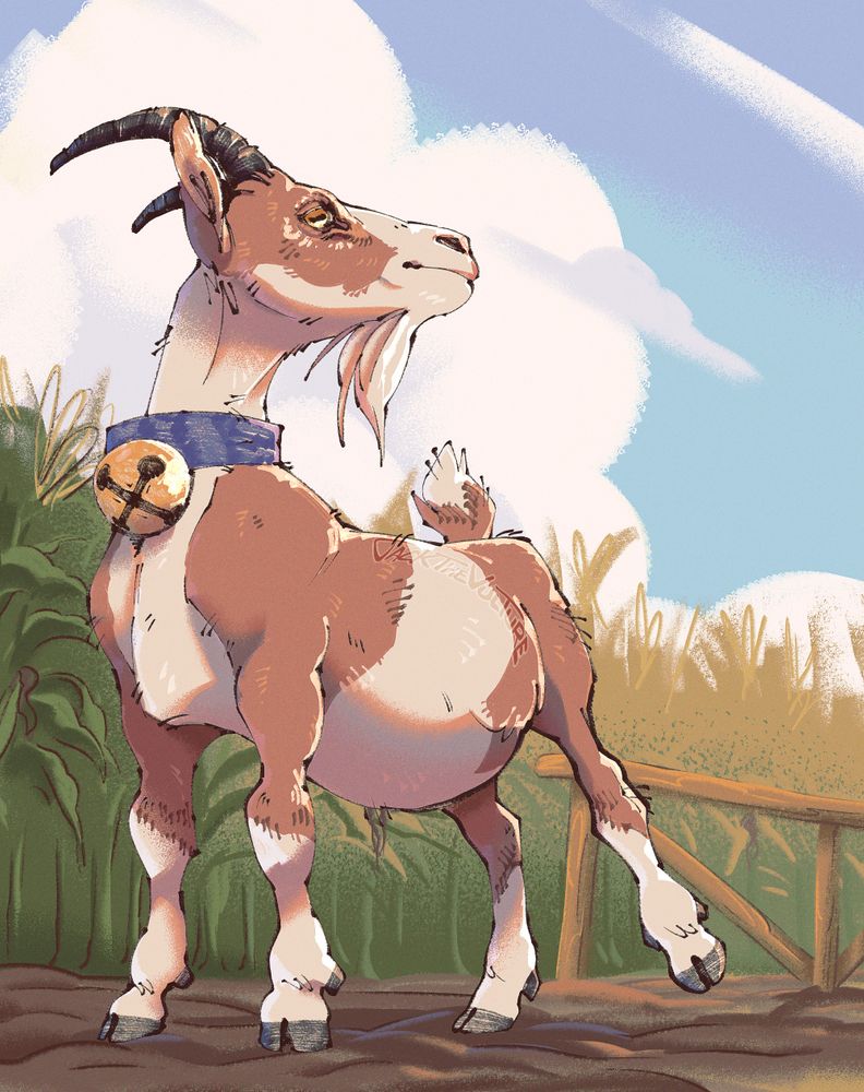 Digital drawing of a brown and white goat standing and looking over its shoulder to the right. Behind it is a row of corn and a blue summer sky. 