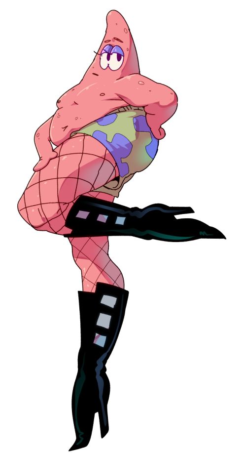 Digital art of Patrick from Spongebob Squarepants wearing fishnet stockings and high heeled boots with comically long legs, as seen in the Spongebob Squarepants Movie 