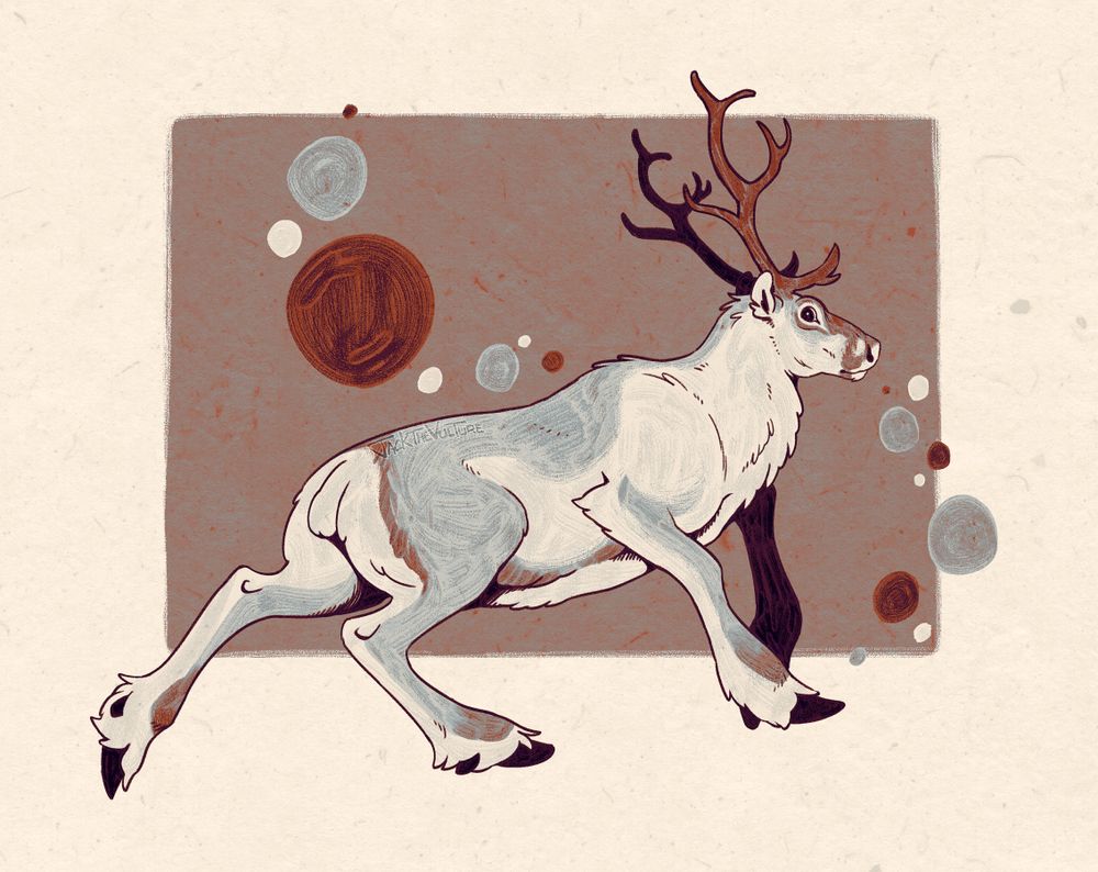 Digital illustration of a stylized reindeer trotting to the right. Behind it, a square with various colored dots. The whole image is in pale blues, rich browns, and light tan. 
