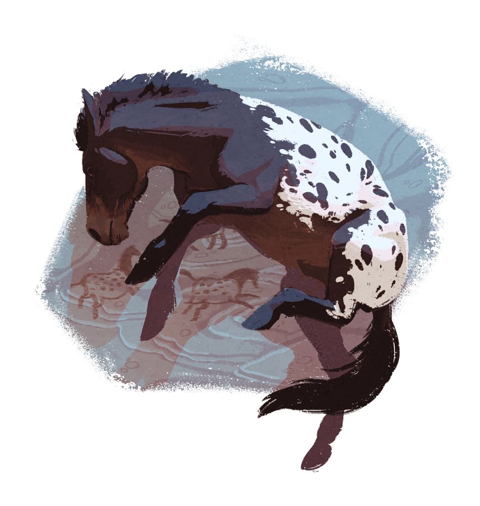Digital art of a stocky dark colored horse with splashes of white with dark spots in it across its back. It is jumping to the left. Behind it, a stone wall has cave drawings of horses with similar markings running towards the right. 
