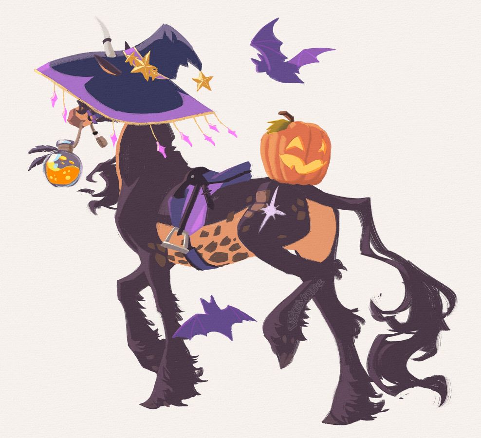 A stylized digital drawing of a black and orange unicorn wearing a purple witches hat, a purple saddle, and a jack-o-lantern resting on her rump. She has an orange potion handing from a rope in her mouth, and is accompanied by two flying purple bats. She is trotting to the left, facing slightly away from the camera.