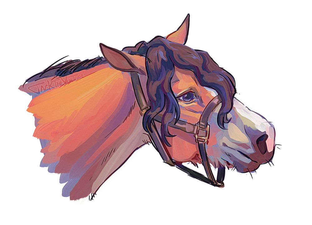 Digital portrait of a stylized bay horse with a kind expression reaching its head out to the right. It is wearing a dark brown halter and has a long wavy forelock.