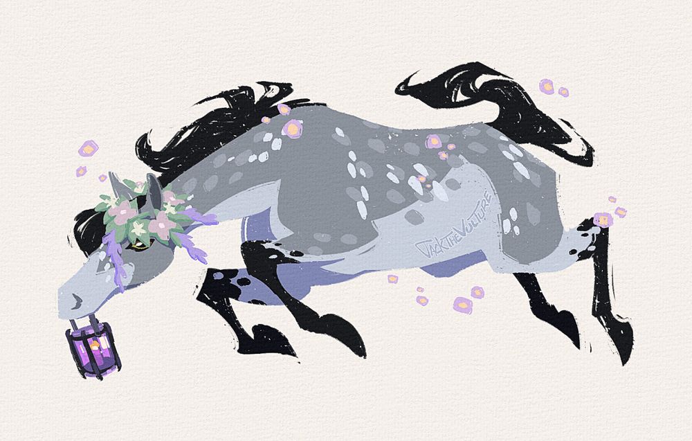 A stylized digital drawing of a dapple grey horse jumping to the left. She has a flower crown of pink and purple flowers, a purple lantern in her mouth, and is surrounded by purple fireflies. 