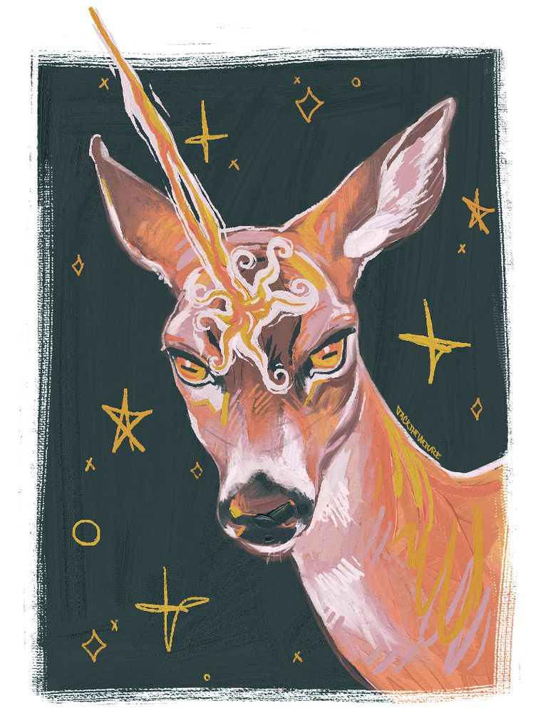 Digital painting of a portrait of a deer with a glowing golden horn of light sprouting from its forehead. It is facing the left and has piercing golden eyes. Behind it is a dark square and scribbled golden stars and sparkles. 