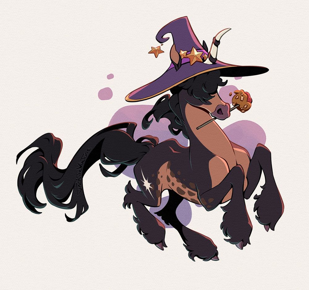 A digital drawing of a black and orange unicorn hopping towards the camera, facing right at a 3/4 view. She has a purple hat adorned with golden stars, and a caramel apple on a stick in her mouth. 