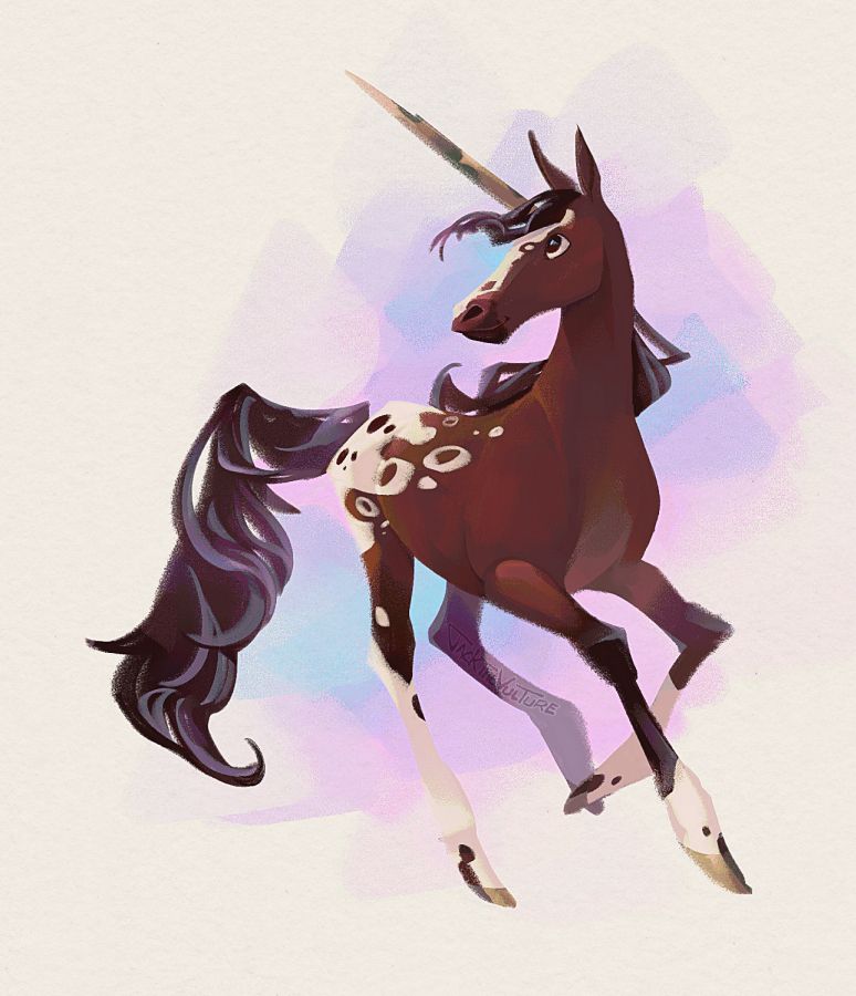 A digital drawing of a bay unicorn with a white spotted appaloosa rump. It is happily cantering in 3/4 view to the right, while looking left.