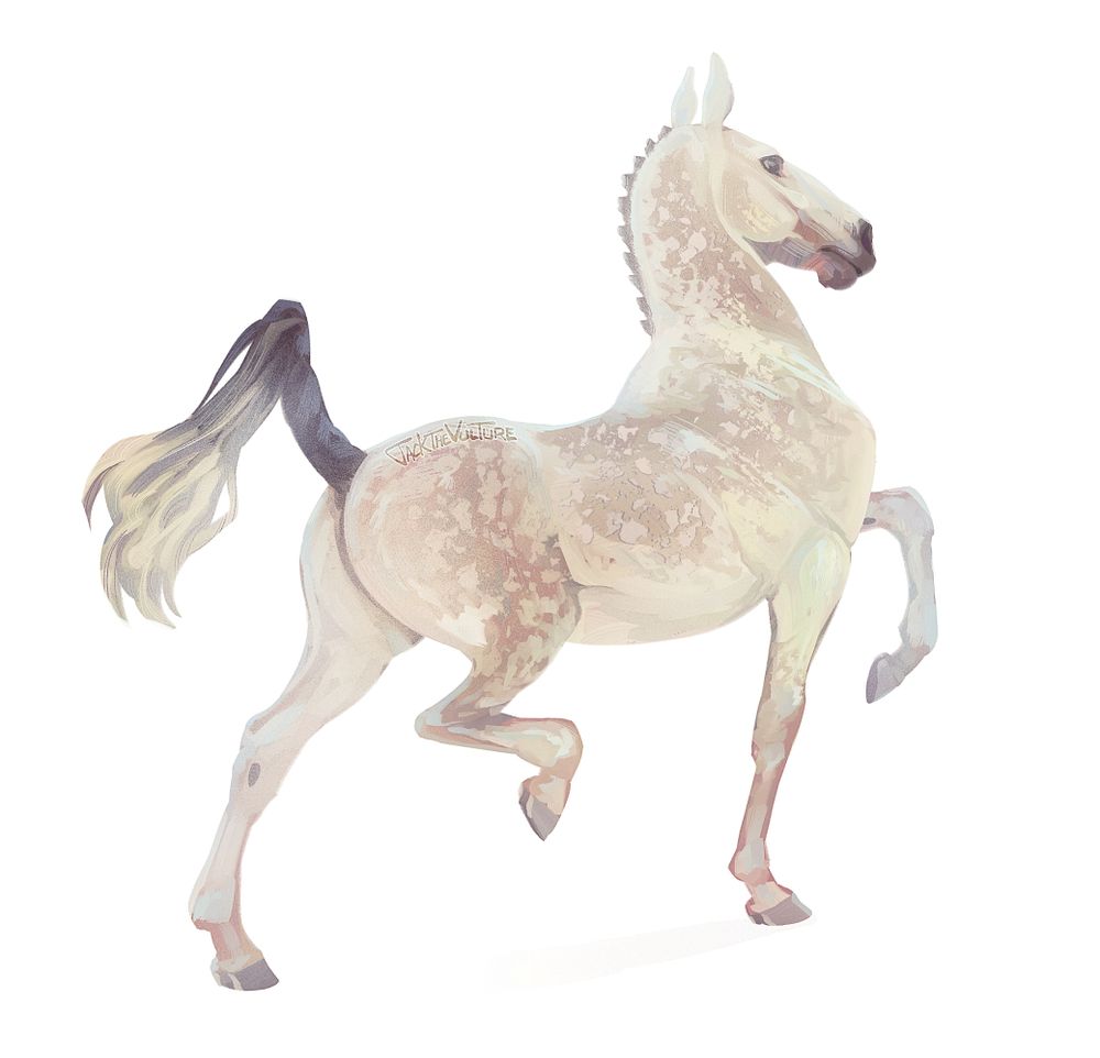 digital painting of a horse trotting away and to the right. The horse is light in color with rosy grey dapples along its body, with a dark mane and tail. 