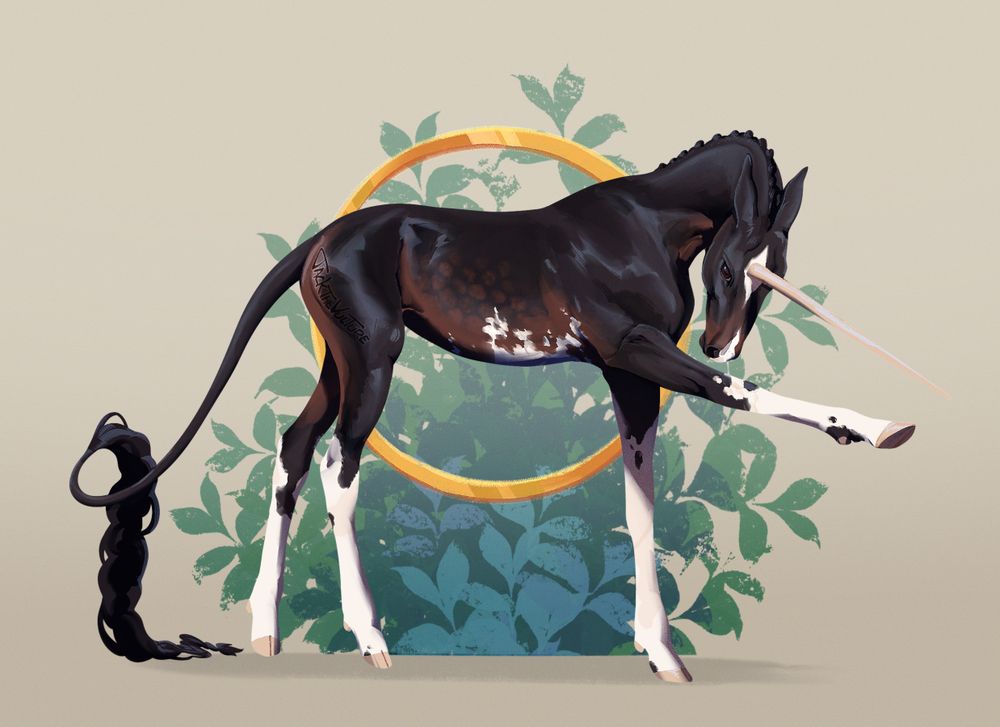 Digital painting of a dark unicorn with a glossy coat and white markings on her legs, belly, and face. She has a long horn, a tightly braided mane, and a loosely braided tuft on the end of her tail. She stands facing right with a front leg raised. Behind her is a gold ring, and behind that is a bunch of green leaves. 