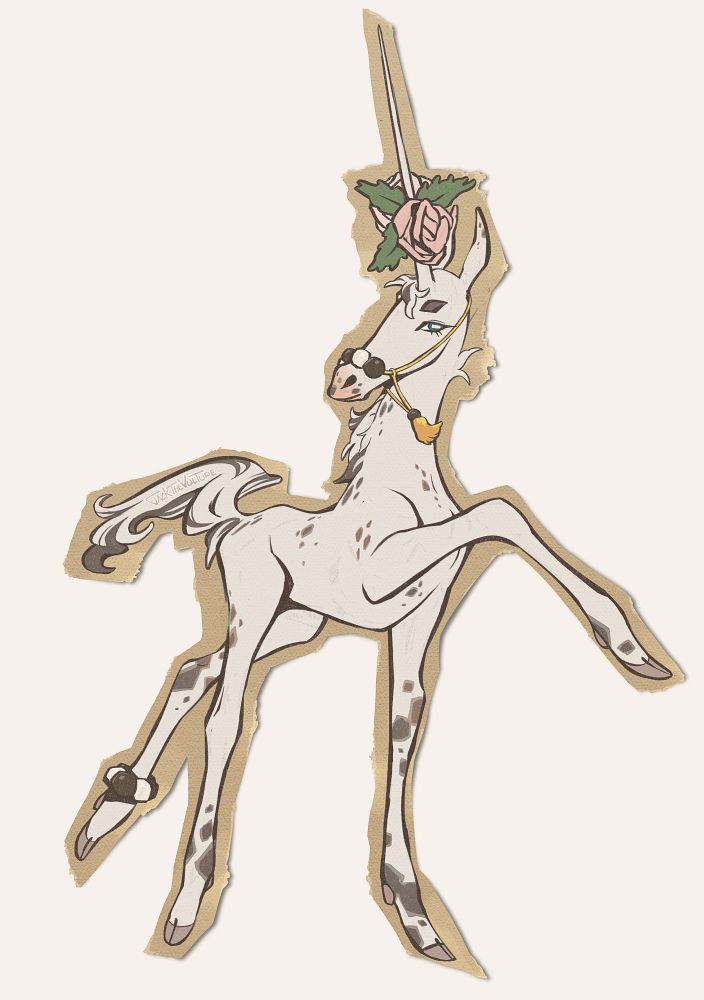 Digital illustration of a stylized unicorn strutting towards the right with its head turned to the left. It is white with charcoal colored spots, and is wearing a golden rope halter decorated with black and white beads, as well as pale pink roses on its horn. 