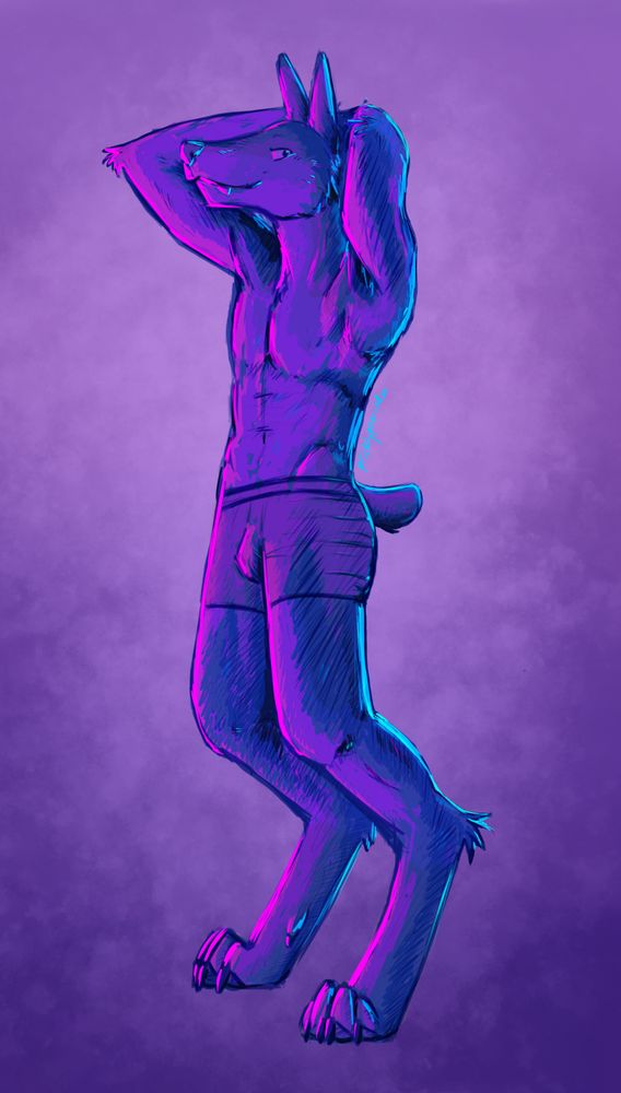 A werewolf/worgen poses with his arms up and behind his head, a smirk across his face. He's only wearing underwear and the color palette for the piece is only pink, blue and purple-- the colors of the bisexual flag! The signature reads: Pricklypearcat 25