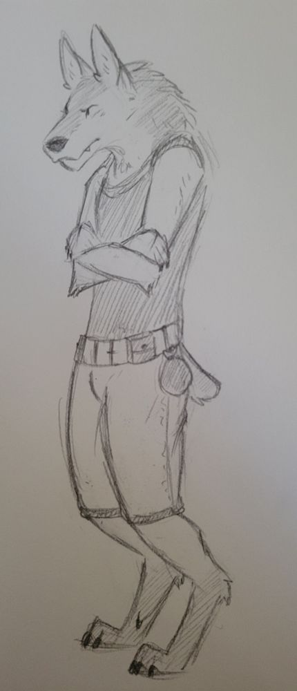 Black and white traditional sketch of a worgen. He seems uncomfortable, drawn in on himself with his arms crossed and head low