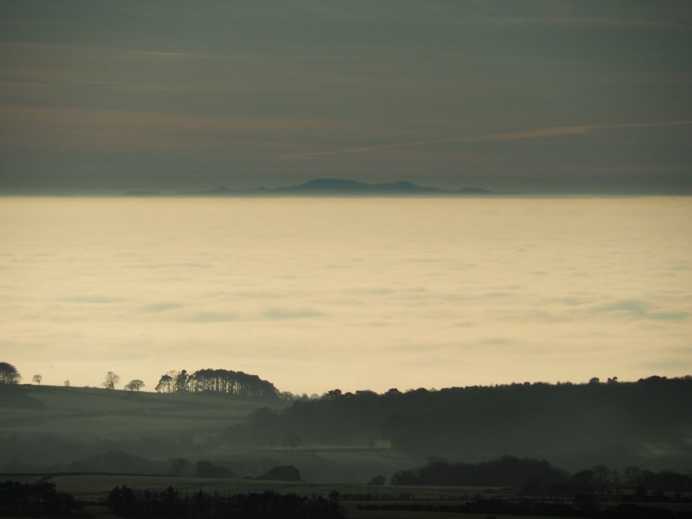 Temperature Inversion landscape. Trees, valley, sky.