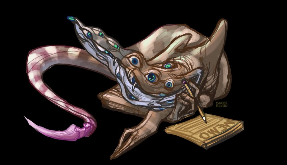 a secretary with many eyes and a silly tongue taps a pencil on a memo pad.