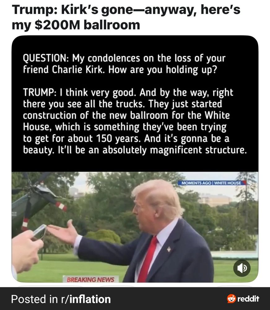 Donald Trump diverts from a question about the death of Charlie Kirk by talking about his new ballroom.