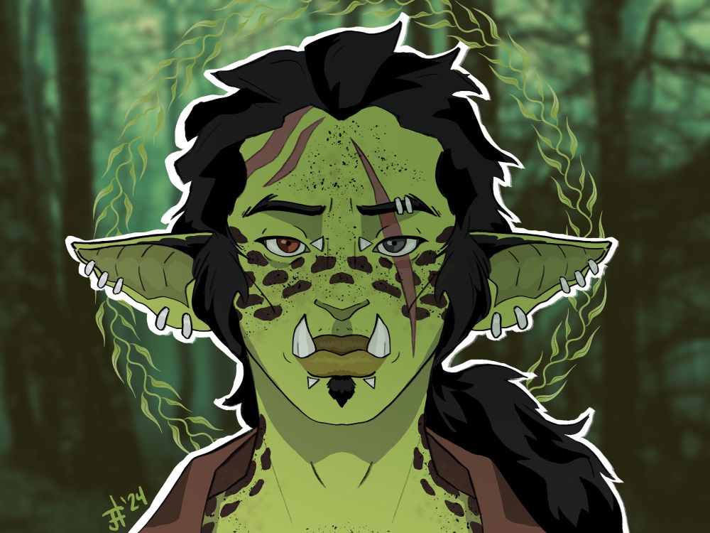 an illustrated headshot of a half-orc, half-gnome. his skin is green, with freckles, scars, and tattoo-like markings. he wears his black hair in a low ponytail over one shoulders. his eyes are mismatched colors, and he has various piercings in his ears and on his face. the collar of his shirt is brown. behind his head is a green halo of leaves. the background is a murky green forest. end description.