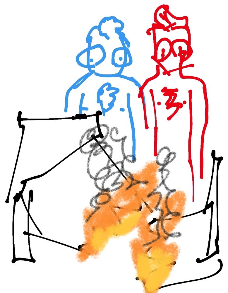 Poor quality doodle of Aziraphale and Crowley. They are shirtless and staring at their broken bed which has somehow spontaneously combusted.