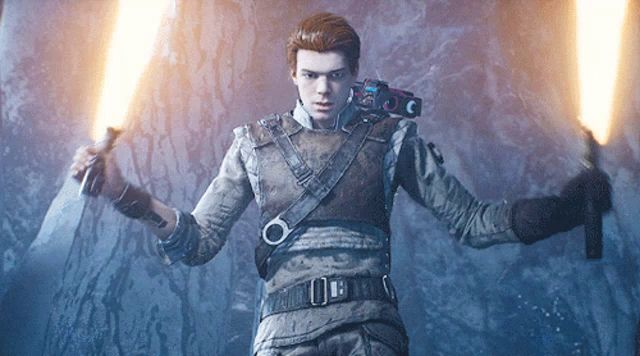 a man in a video game is holding two lightsabers in front of a blue wall