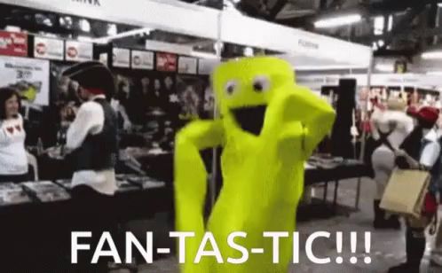 a yellow cartoon character says fan-tas-tic in a crowded room