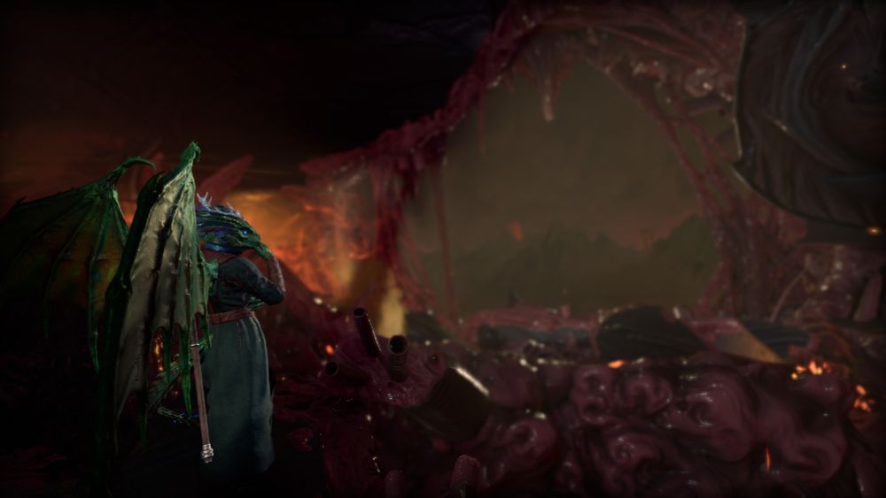 Ayrx, a green dragonborn stares outside of a giant hole in the Nautaloid in the beginning tutorial area for BG3.