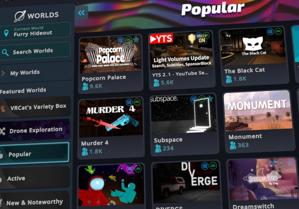 A picture of the "popular" tag in VRChat's world search. In the second row is 'Subspace' with 234 players.