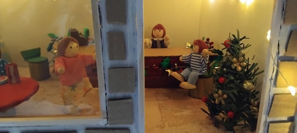 Bar tender doll, doll on chair Christmas tree