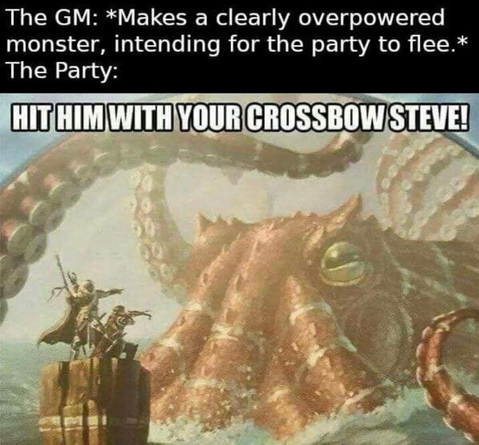 Photo of 2 D&D adventurers standing on a rock by the ocean aiming a crossbow at a large squid like a Kraken.
