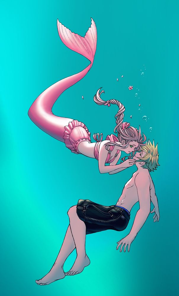 Underwater illustration of Aerith as a mermaid in her Pink Mermaid attire and Cloud in his Wild Surf outfit, her hands on his cheeks gazing into his eyes 