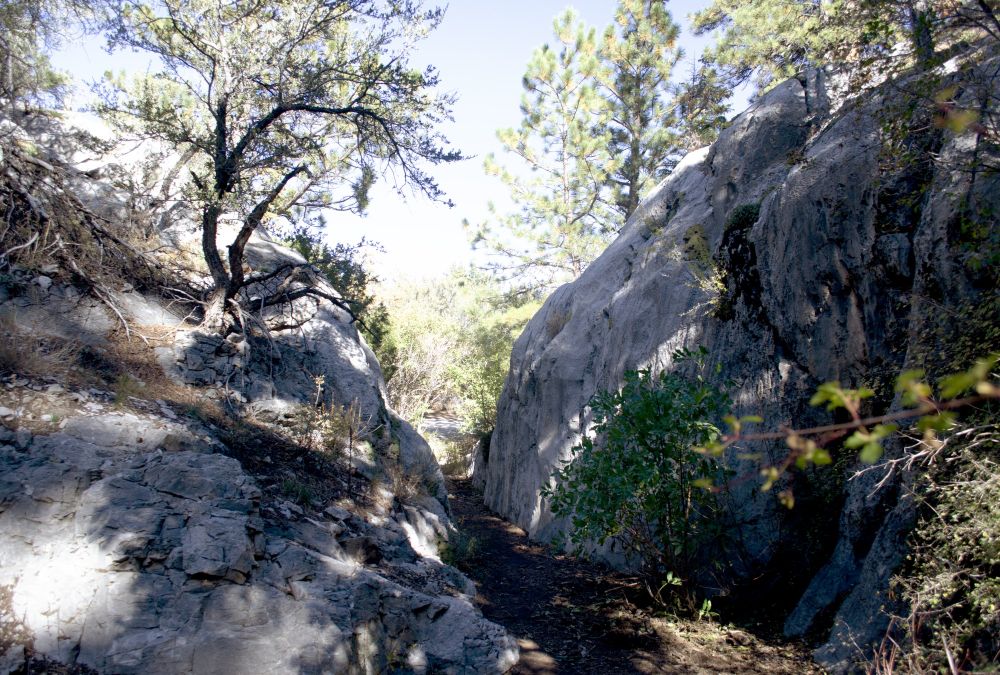A narrow path winds between two large grey rocks, and greenery fills the scene
