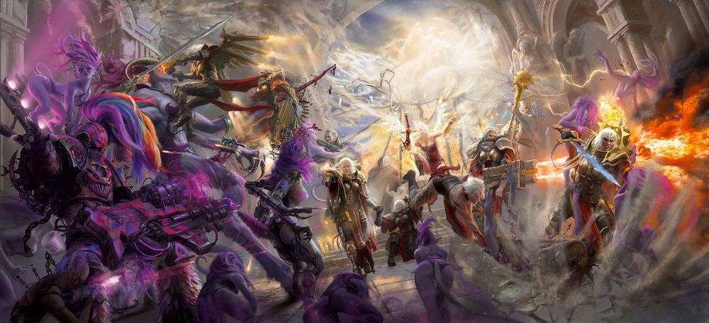 Artwork depicting Slaanesh Cultists attempting to fend off an Adeptus Sororitas attack.


https://40k.gallery/laudest-vs-lewdest/
