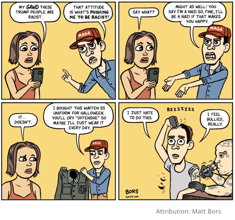 Matt Bors cartoon where MAGA conservative feels bullied into adopting Nazism because liberals vilify him as racist