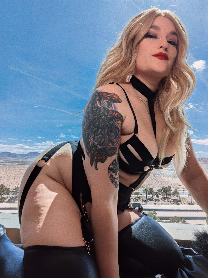 photo of a blonde woman on her hands and knees seductively looking at you while wearing black strappy lingerie and black wet look thigh highs attached to garters