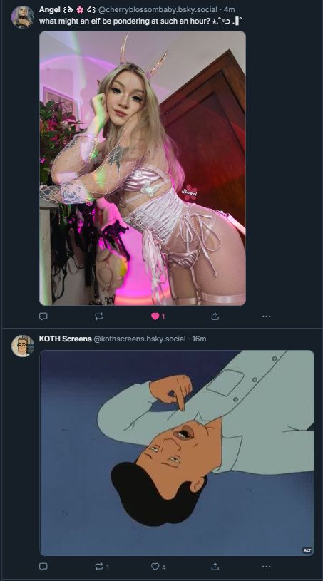Screenshot of two social media posts. The first post by "Angel" features a person dressed in an elaborate elf-inspired outfit with long blonde hair, pink accents, and pointed ears, posing with one hand on their cheek. The caption reads, "what might an elf be pondering at such an hour? ✭･.｡𖦹". The second post by "KOTH Screens" shows an animated scene from King of the Hill with character Kahn laying on the ground with his mouth open pointing to it 