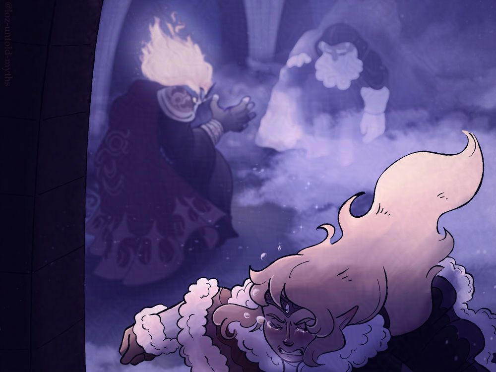 Zelda (from The Mage's Lantern on ao3) is cut off running in the foreground, her hair flowing beyond her and resembling fide in shape. She cries and tries to fight it away, tears trailing behind her. Also in the foreground is the wall of the doorway she escapes from. 

Behind her is a chamber filled with chilled mist. Ganondorf is hunched over, his hair alight with fire in rage as he watches Zelda's escape — stopped only from pursuing her by an unseen gaping wound that sent him kneeling. Behind him, the King of Hyrule weakly hunches forward. The only thing stopping him from falling forward is the formation of ice encasing his lower body. 