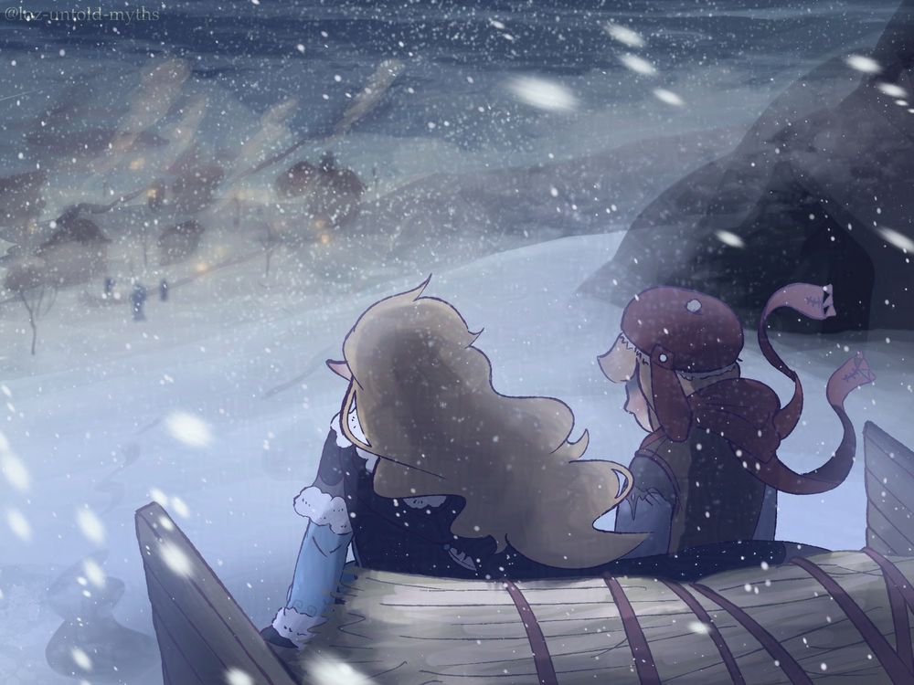 Zelda and Link (from The Mage's Lantern on ao3) ride on a the edge of a wagon next to a bundle of hay. The wind is strong, blowing snow past them. Zelda's hair flows behind her, as does Link's scarf. Link stares downward. In the distance behind them, his home village is visible: the homes, the smoke rolling from their chimneys, the lanterns; and most of all, the faint silhouettes of those bidding them farewell. 