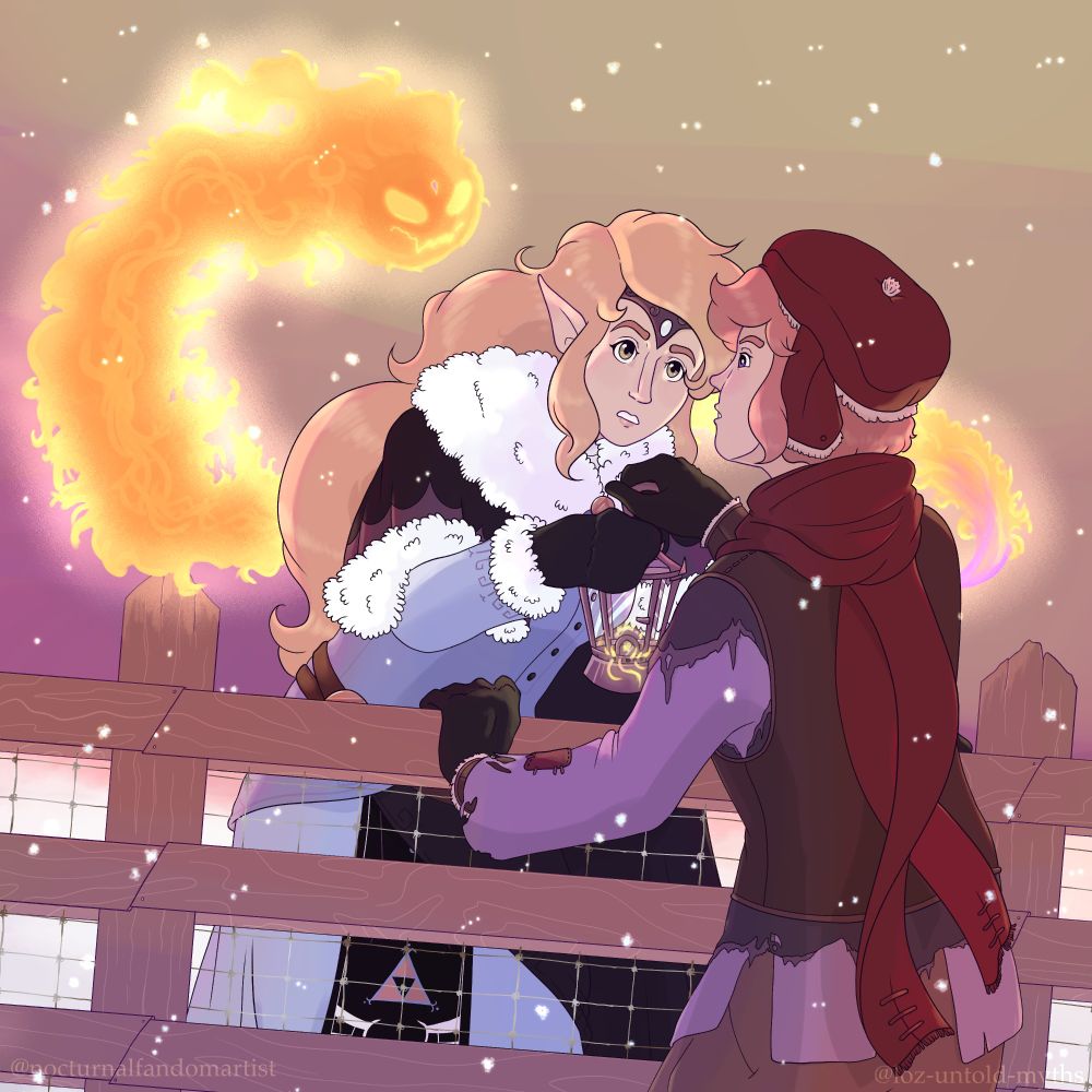 DTIYS! Zelda and Link from The Mage's Lantern on Ao3 stand on opposite sides of a farm fence. Their faces are close together over the lantern, as if it may help them keep warm. Searis trails out of the lantern as a wisp of flame and circles around them, the base of the blaze being a magenta color. The composition is slightly angled against the snowy sunset. This version is rendered. 