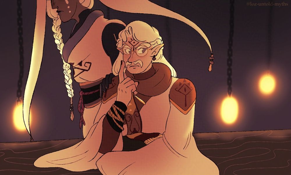 Sahasrahla, or "Soursop," (from The Mage's Lantern on ao3) leans onto a long wooden table. He taps the side of his chin with a raised hand while gazing the opposite direction, deep in thought. He wears a pair of round glasses, the shape of an owl's eyes, and has an angular version of the Sheikah crest tattooed on his forehead. His fingers are bony, his nails painted, and his clothes resemble that of the Sheikah in BotW. Behind him, Impa passes by distant glowing structures chained from the roof and sets a hand on his shoulder. The "banners" from her kasa sway outward to show her movement. Her face is cut off by the top of the composition. 