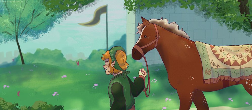 Link (from Wilting Heart AU) leads Epona on a walk outside. Epona seems to be a very young horse, and has white speckles on her body as opposed to her canon counterparts. She has a floral-patterned blanket on her back and pink reins. Link looks on ahead with a smile as he gently guides her along. 

In the foreground are branches and bushes they pass by, and in the background a tree, a distant flag, and a wall.  