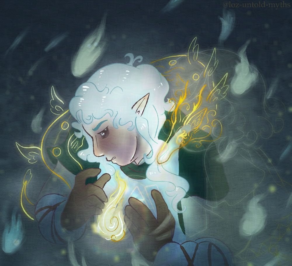 Link (Soul Knight AU) holds a golden poe between his hands. He looks down on it with a titled head and grieving expression, and his hair has been turned a glowing white by the cyan poe flames around him. From the golden poe, the outline of a small worm dragon wraps around him. A fainter outline, that of the soul dragon's true self, Princess Zelda, can be vaguely seen embracing him as though to comfort him. 

This version is paler, with less contrast, to feel more dead.