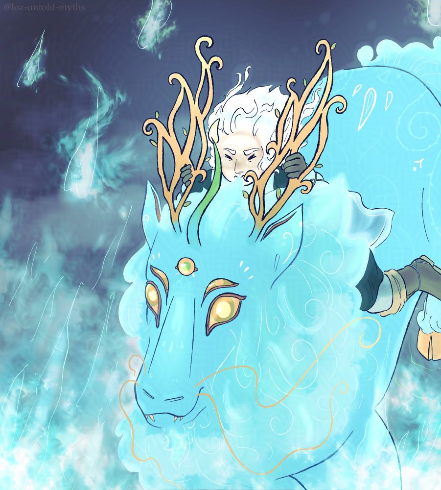 Link (from The Soul Knight AU) sits on the back of a giant beast, holding onto its antlers to keep steady. The viewer looks down at this from a raised angle. Link has his eyes tightly closed and his hair is blown back by the surrounding realm of clouds, wind, and blue poe flames. The creature he rides upon is a Satori-like qilin, though the stylization of its eyes more so resembles the dragons of Tears of the Kingdom. It has yellow cloven hooves, five eyes (two on either side and one in the middle), a horselike head with a lion's snout, long golden whiskers, a front horn, and plant-like antlers. 

