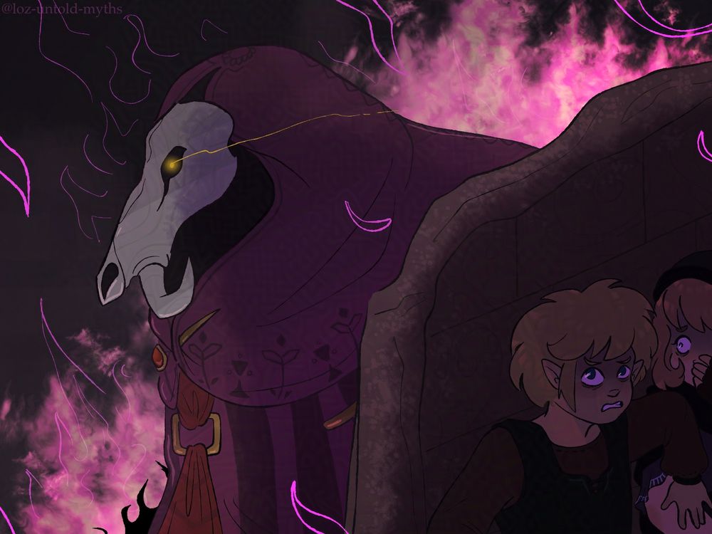 Link and Zelda (from Imminent Darkness AU) hide behind a broken wall in the right corner of the composition. Link holds out one arm in front of Zelda to signal her to stay still, while she holds a hand over her mouth to keep quiet. The two's eyes seem to have a purple tint because or their surroundings. Behind the little wall in the corner is what they hide from: Despair, a blob-shaped demon in purple cloaks. Its face looks like a deformed boar skull, molded into a face mask. A yellow streak of light flows behind it from its eye, indicating movement. Behind it is pink fire that engulfs the area.