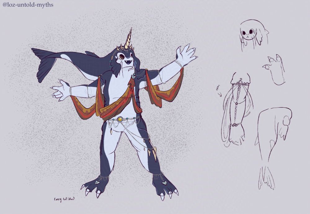 Concepts doodles of Prince Aquame of the Zora for The Mage's Lantern. The left side depicts a colored-in doodle of Aquame with his arms outstretched. He wears various ribbons designed after the hearty salmon in BotW, a crown resembling a narwhal horn and shells, and various other accessories resembling fishing equipment. To the right are sketches of his face, his feet, his arm from a different angle, and the back of his head.