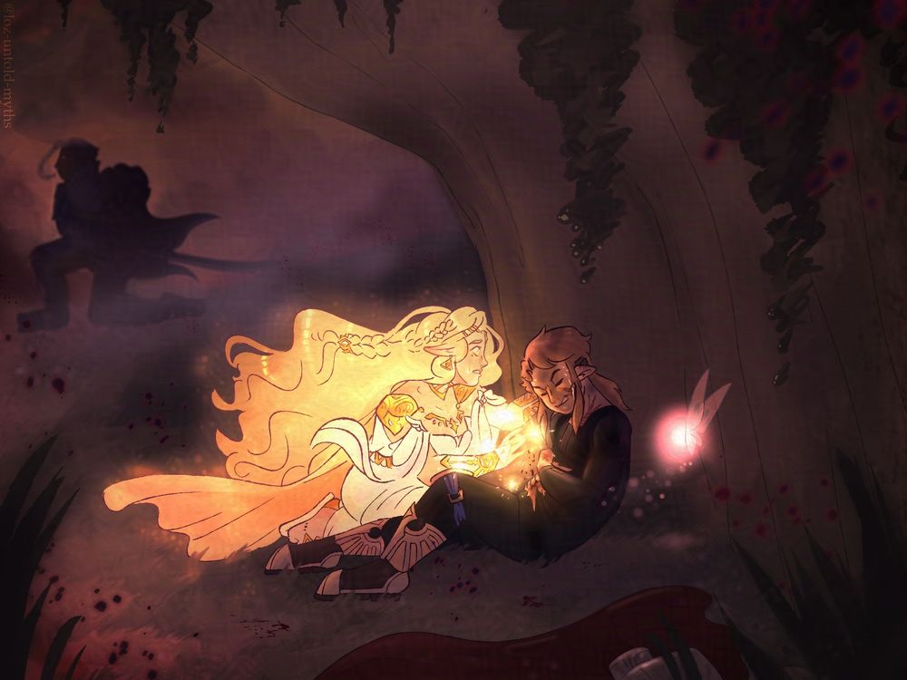 Link and Zelda (from Era of Malice AU) take shelter beneath a cliffside. Link's armor and cape are cast aside to reveal a gaping open wound on his torso. Though a fairy lingers nearby, Zelda's power is still required to fight back an infection of Malice. She glows pure gold as she hovers her Triforce-marked hand over her wound. In the distance, dust rolls against a red sky and obscures Impa who keeps watch.