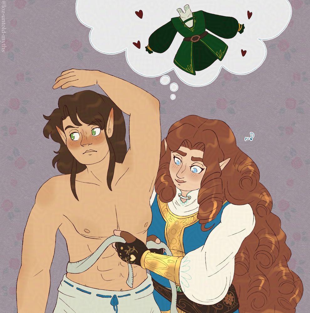Zelda gets Link's (from The Princess's Heart on ao3) measurements for his new tunic. Link holds up one arm over his head to give her room and gazes away, clearly blushing from the proximity. Zelda reaches measuring tape around his waist, seeming focused but in a pleasant mood. A small music note near her head indicates she is humming. Above her, a thought cloud displays Link's signature tunic as she plans for it. 

The picture is a redraw of an old doodle. The background is a basic rose wallpaper pattern.