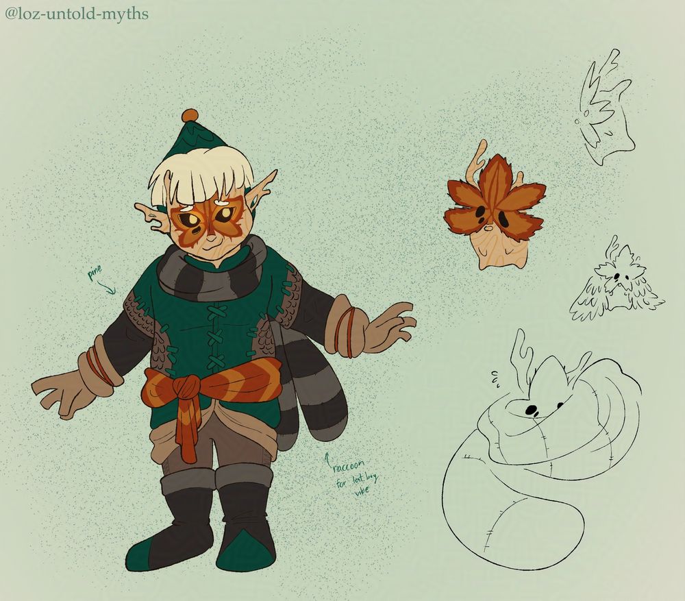 Concepts doodles of Karoh for The Mage's Lantern. The left side depicts a colored-in doodle of Karoh in his humanoid form. His face is carved out to suggest he is still made of wood like a Korok, with the leaf pattern being facepaint. He wears a scarf meant to resemble a raccoon tail pattern and a tunic filled with leather patches (with pinecone-like patterns). To the right side is a colored doodle of his Korok form, having a maple-like leaf mask and one antler branch longer than the other. Line sketches depict him from a side angle, in a shawl of leaves, and swallowed by his scarf. 