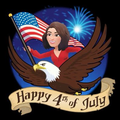 My avatar in a red blouse, riding on the back on an eagle waving an American flag. Fireworks explode overhead. Banner underneath reads “Happy 4th of July”