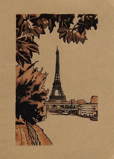 Dessin de la tour eiffel au trait continu sur papier kraft dans des tons terreux